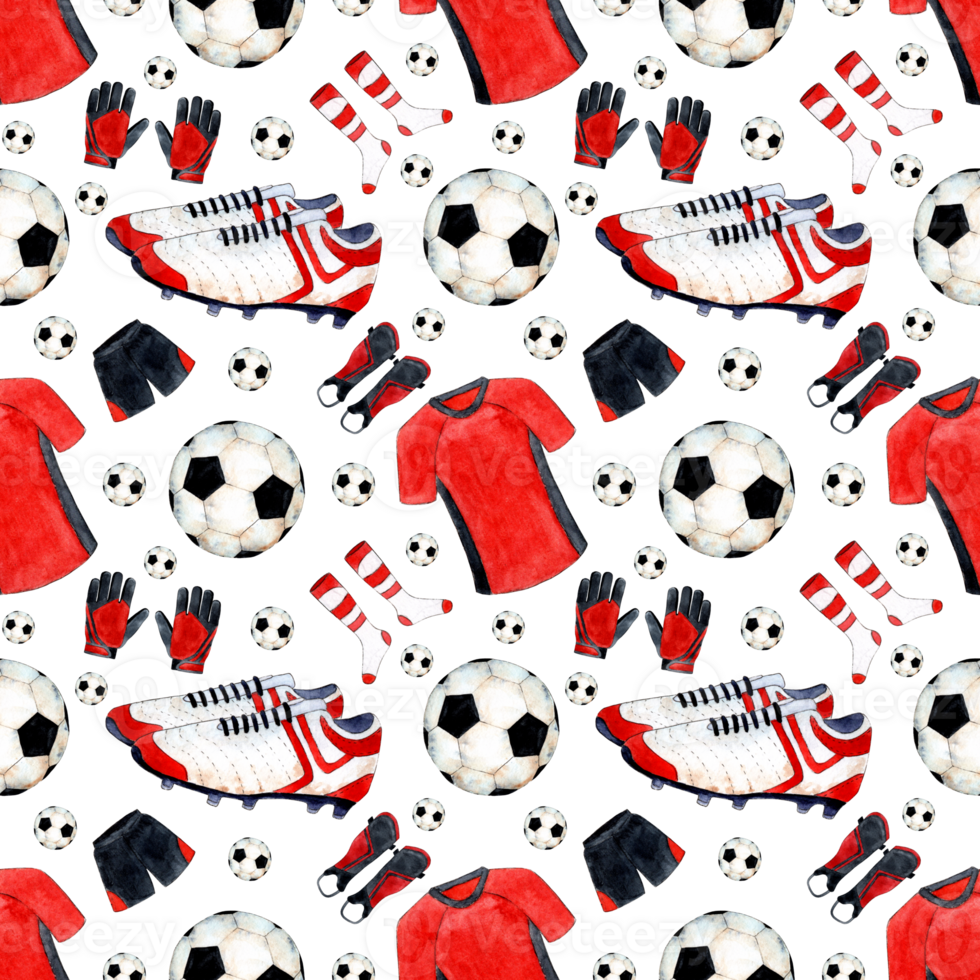 Watercolor illustration pattern of soccer ball, shoes and shapes. Seamless sports repeating print suitable for wallpapers, covers, wrappers, packaging, fabrics. Isolated. Drawn by hand. png