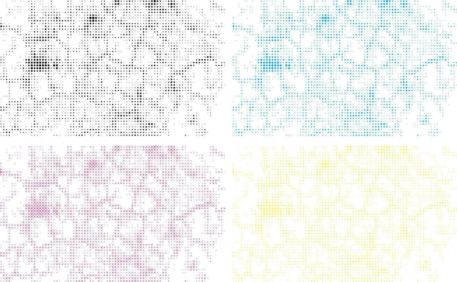 four different colored abstract grunge dot patterns, a set of four different colored lines dot effect, a colorful dot pattern won white background, cmyk dot effect set, vector