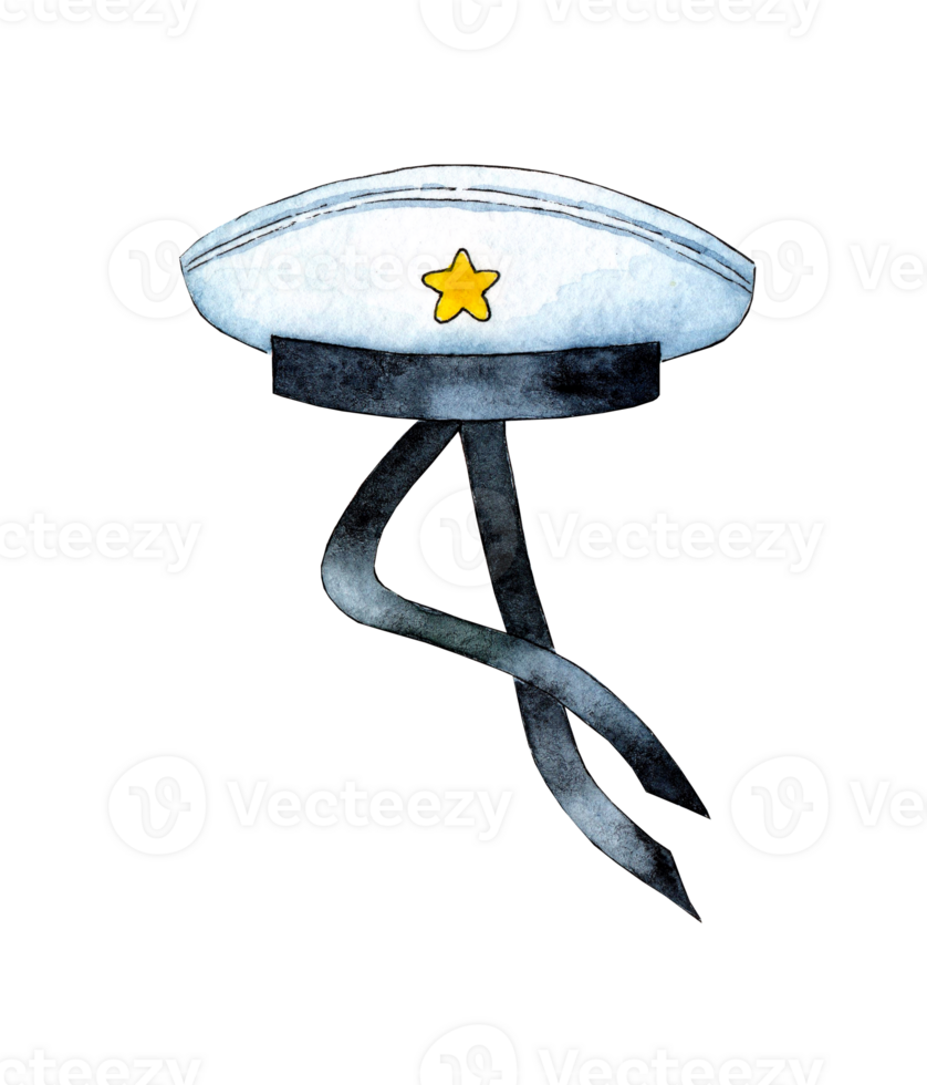 Watercolor illustration of a sailor's hat. Professional marine clothing, sailor uniform. Visor cap with ribbons. Isolated. Drawn by hand. png