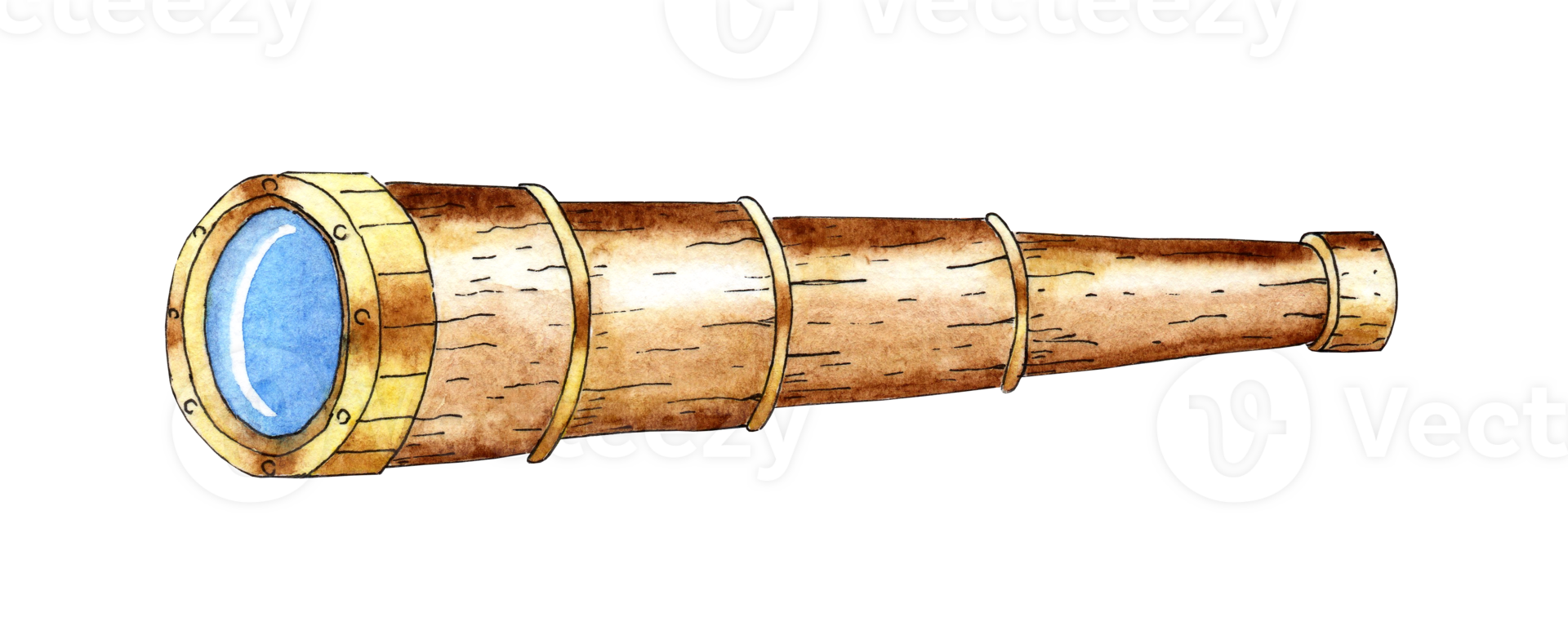 Watercolor illustration of a ship's navigation spyglass. Marine retro decorative element. Observation telescope. Pirate, sea adventure. Isolated. Hand-drawn. png