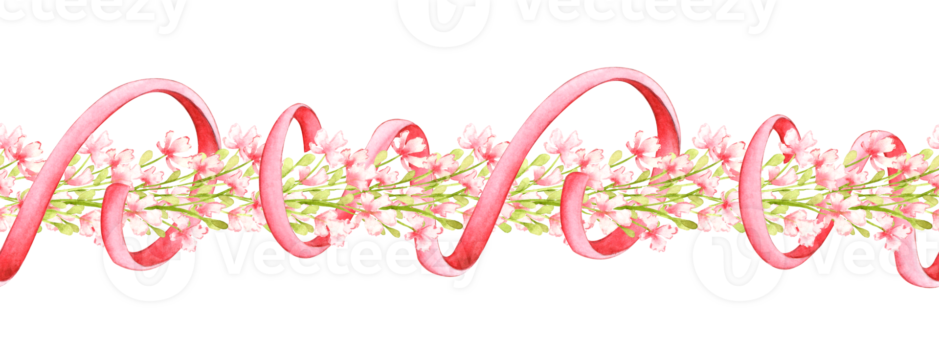 Small pink flowers intertwined with red ribbon pattern watercolor illustration. The elegant design is ideal for borders, invitations, greeting cards and decorative projects, adding a touch of floral png