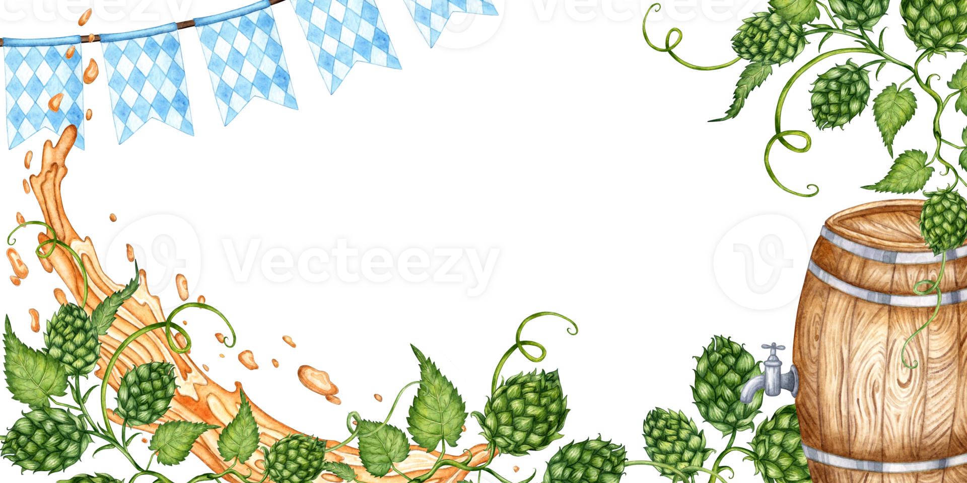 Oktoberfest banner with beer barrel elements, beer splashes and hops watercolor illustration. An image with blue and white flags in the Bavarian style, streams of beer and green hop cones, the festive png