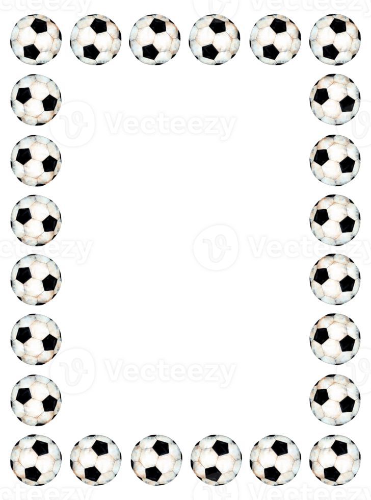 Watercolor illustration of a soccer sport frame decorated with a ball. Rectangular frame. Sports equipment, black and white ball. Isolated . Drawn by hand. png