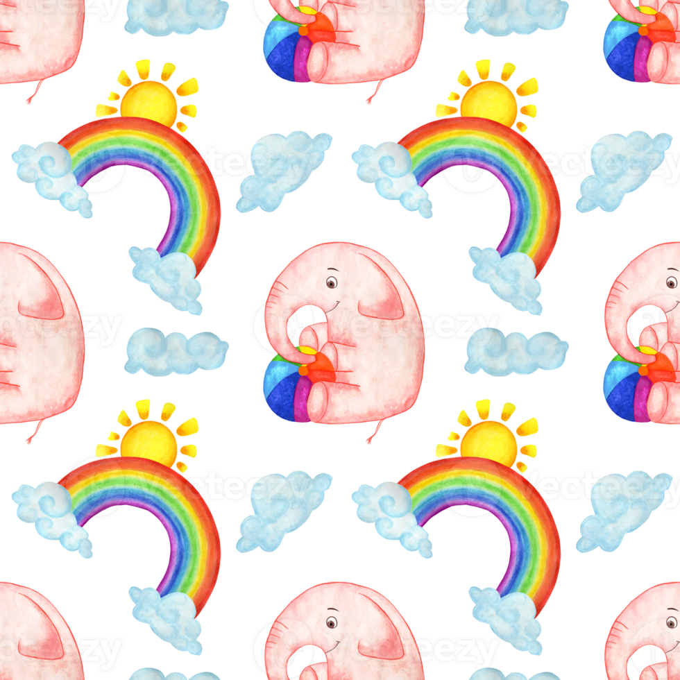 Watercolor illustration pattern of cute pink elephant in the clouds with rainbow and sun. Seamless repeating baby print. Baby shower, dreamy elephant. Isolated. Drawn by hand. png