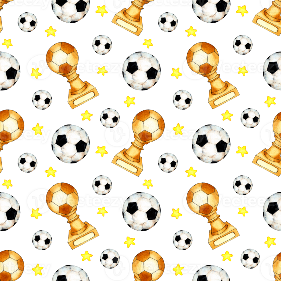 Watercolor illustration pattern of soccer ball, cup and stars. Seamless sports repeating print suitable for wallpapers, covers, wrappers, packaging, fabrics. Isolated. Drawn by hand. png