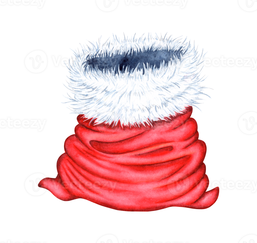 Red sack of Santa Claus watercolor illustration. Christmas, New Year holiday isolated from background. Image for holiday design, greeting cards, posters and other holiday projects. png