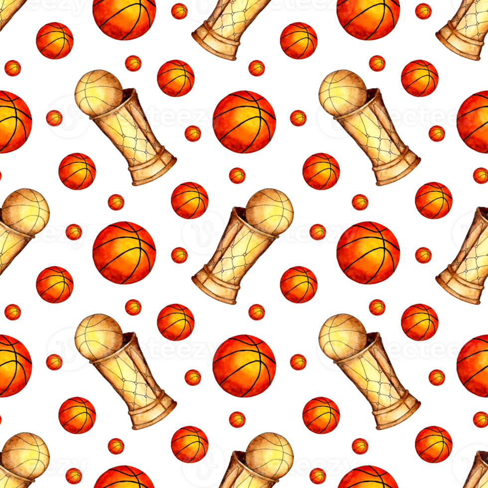 Watercolor illustration pattern of basketball ball and cup. Seamless sports repeating print suitable for wallpapers, covers, wrappers, packaging, fabrics. Isolated. Hand-drawn. png