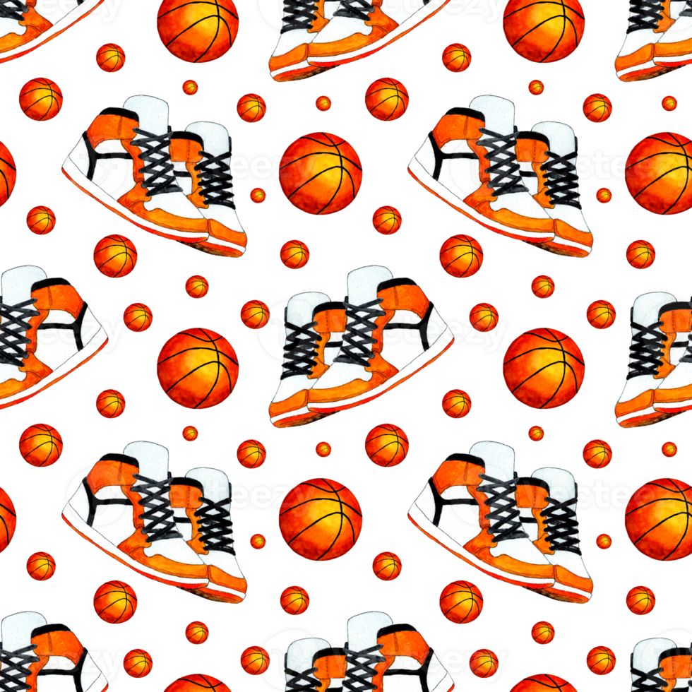 Watercolor illustration pattern of basketball ball and sneakers. Seamless repeating sports print suitable for wallpapers, covers, wraps, packaging, fabric designs. Isolated. Drawn by hand. png