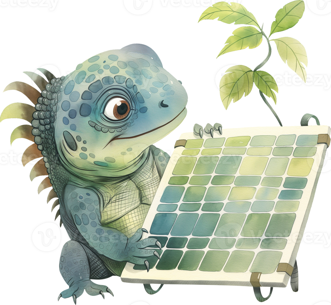 Cute Iguana Charging Solar Power png