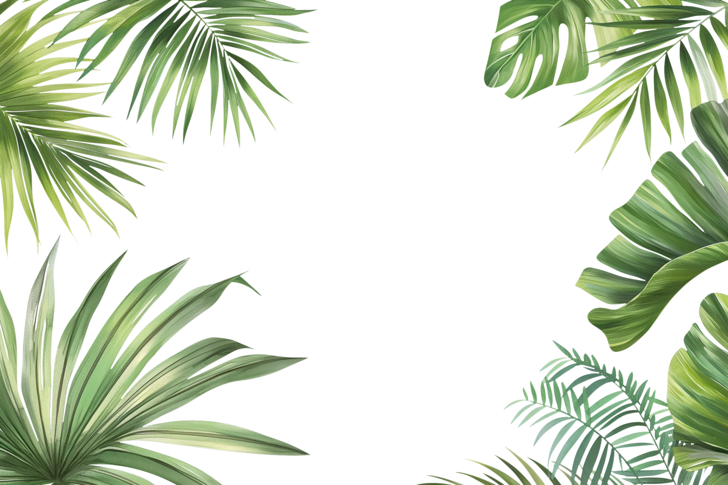 Tropical frame with exotic jungle palm plants, palm leaves, and empty space for text watercolor png