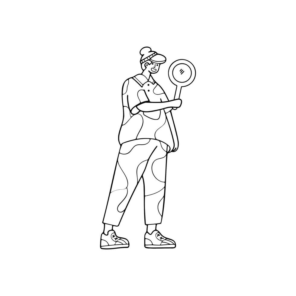 black and white isolated illustration of a man holding a magnifying glass for searching vector