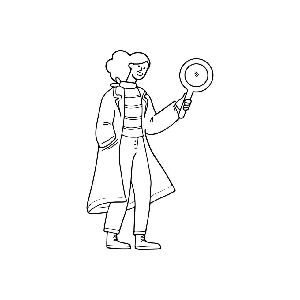 black and white isolated illustration of a woman holding a magnifying glass for searching vector