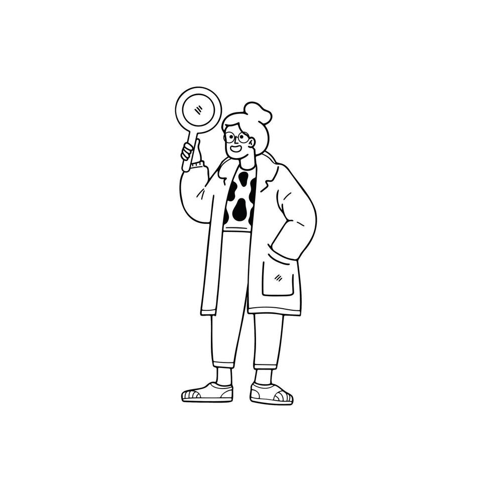 black and white isolated illustration of a woman holding a magnifying glass for searching vector
