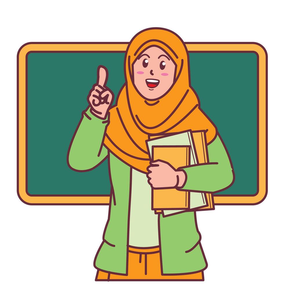 Cartoon of a female teacher in a hijab carrying a book, and a blackboard behind her vector