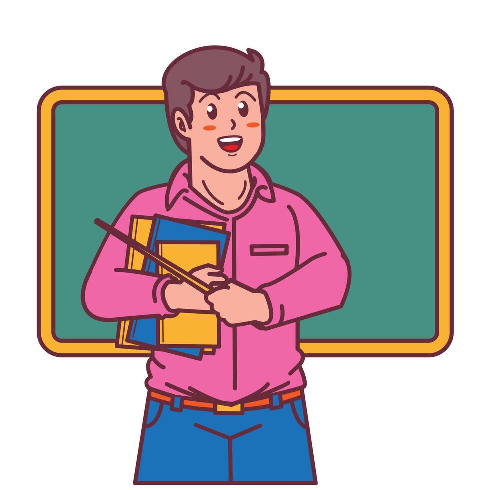 Cartoon male teacher carrying a book, and a blackboard behind him vector