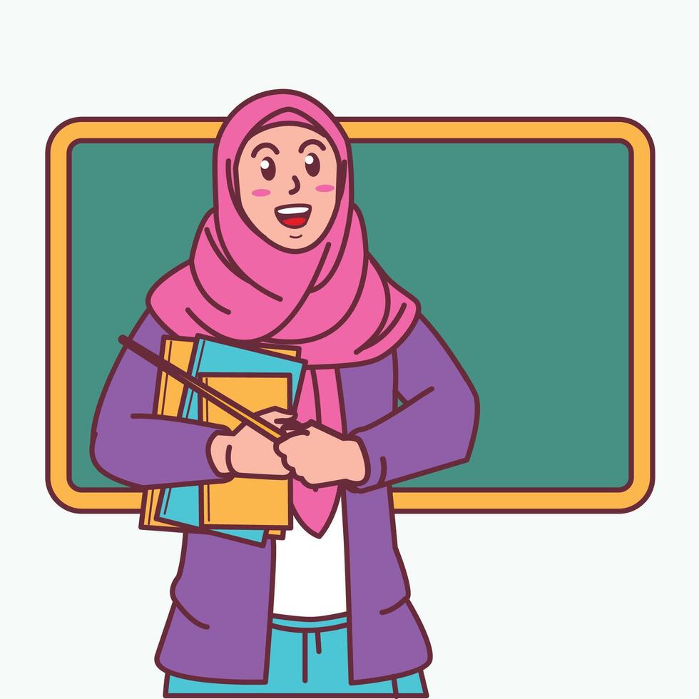 Cartoon of a female teacher in a hijab carrying a book, and a blackboard behind her vector