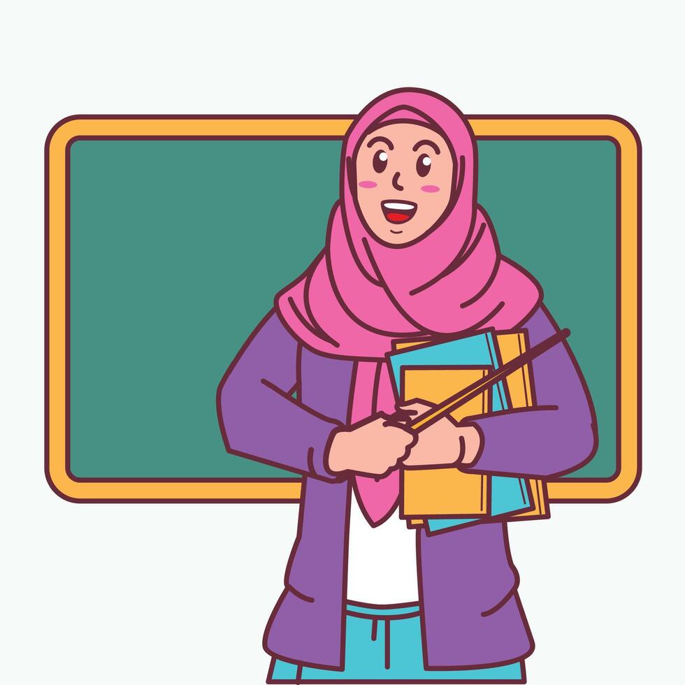 Cartoon of a female teacher in a hijab carrying a book, and a blackboard behind her vector