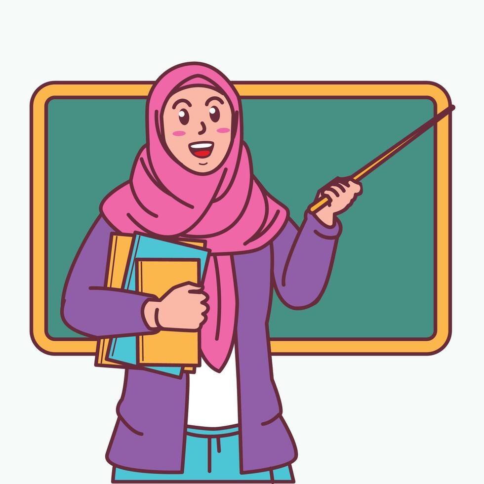 Cartoon of a female teacher in a hijab carrying a book, and a blackboard behind her vector