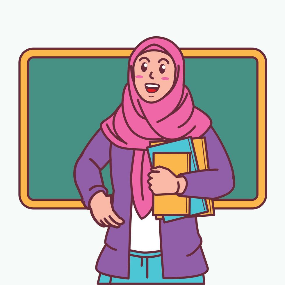 Cartoon of a female teacher in a hijab carrying a book, and a blackboard behind her vector