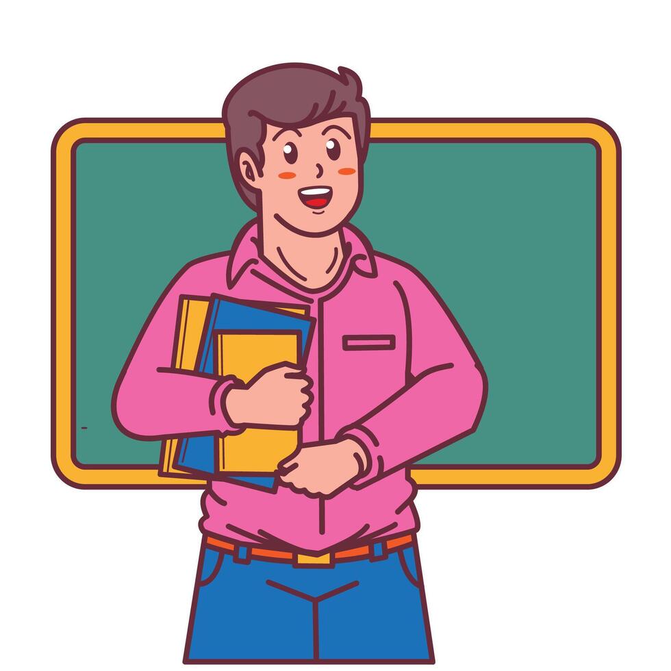 Cartoon male teacher carrying a book, and a blackboard behind him vector