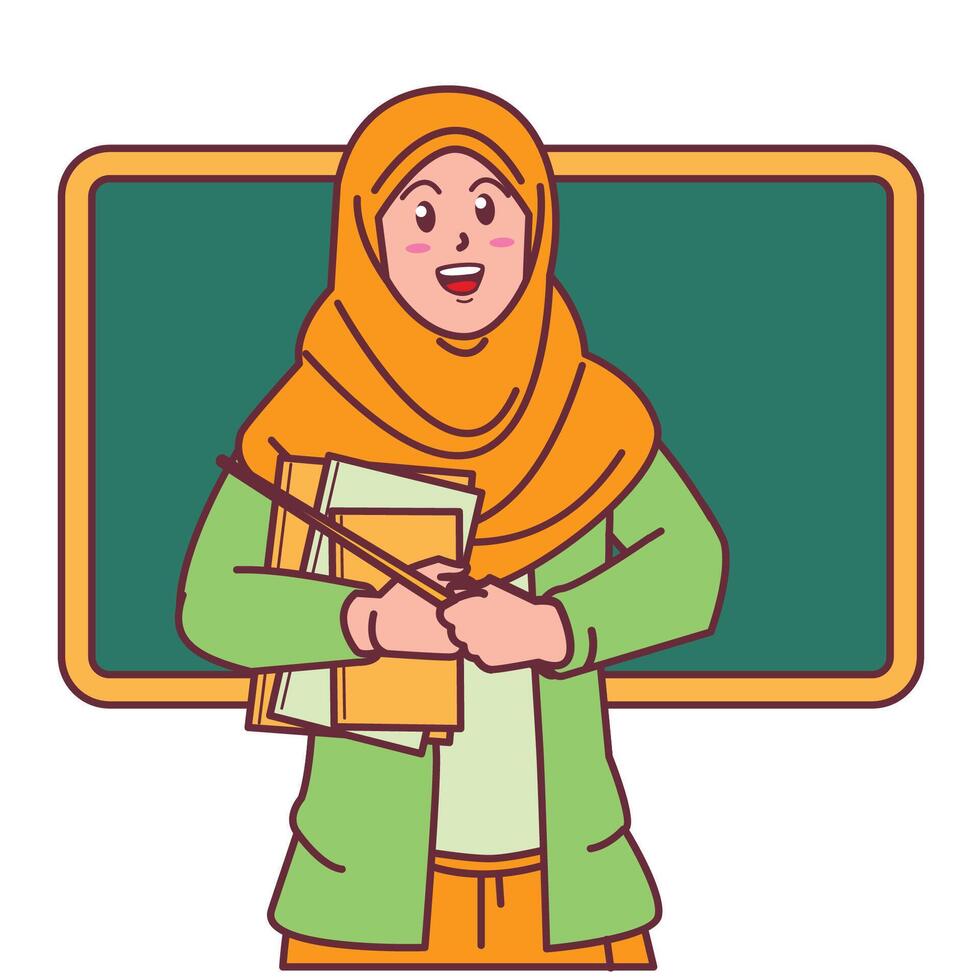Cartoon of a female teacher in a hijab carrying a book, and a blackboard behind her vector