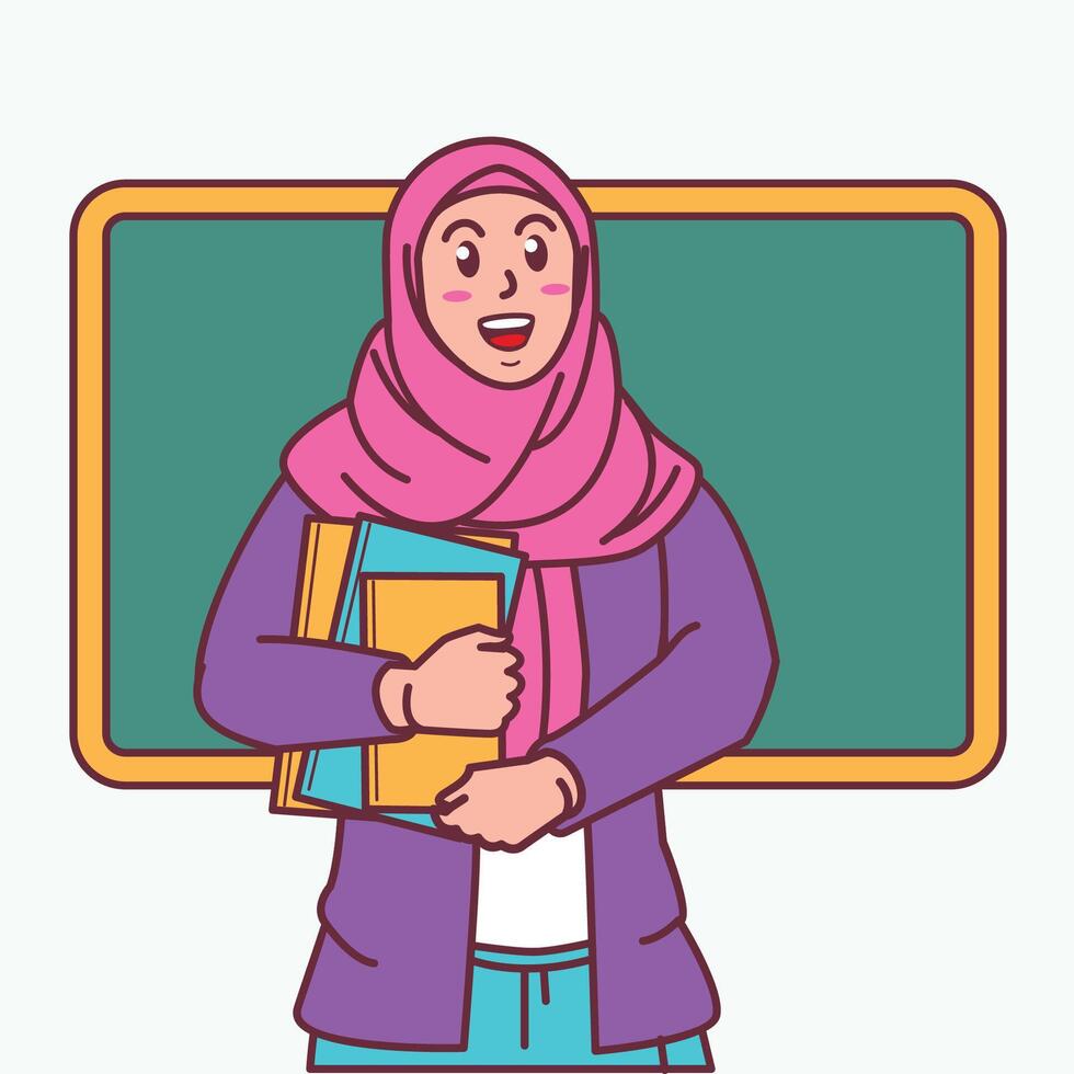 Cartoon of a female teacher in a hijab carrying a book, and a blackboard behind her vector