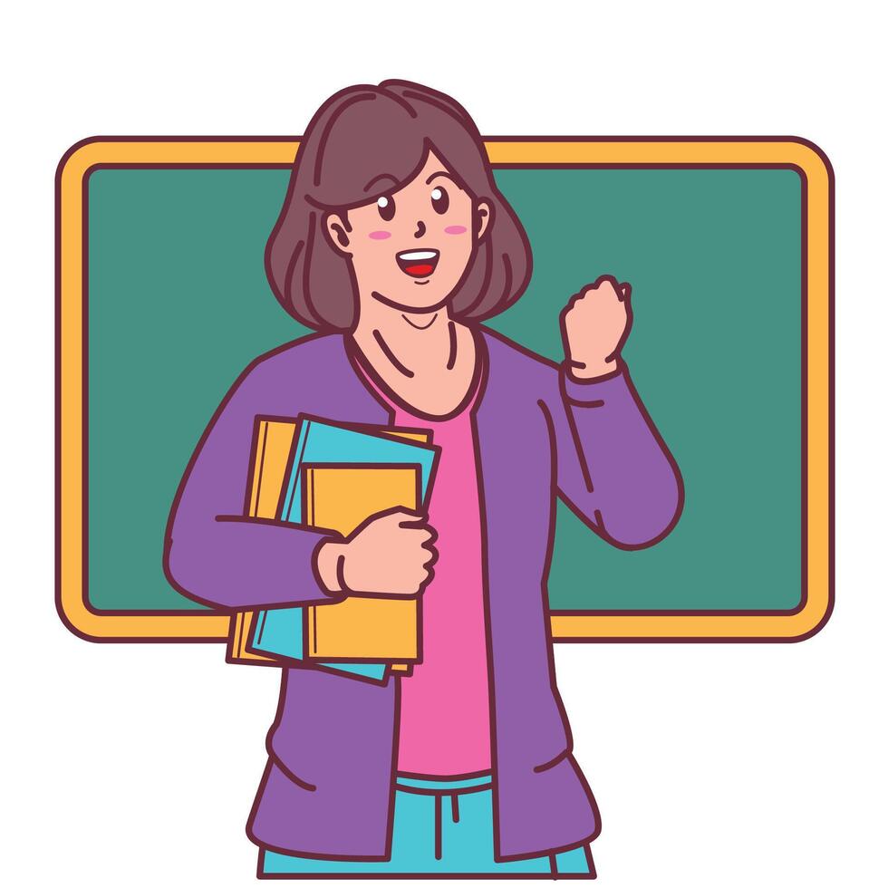 cartoon female teacher carrying books, and blackboard behind vector