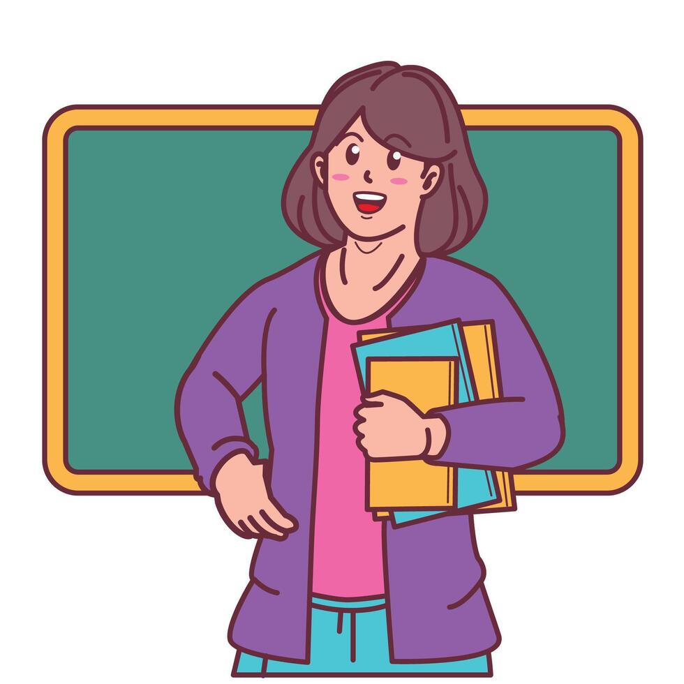 cartoon female teacher carrying books, and blackboard behind vector
