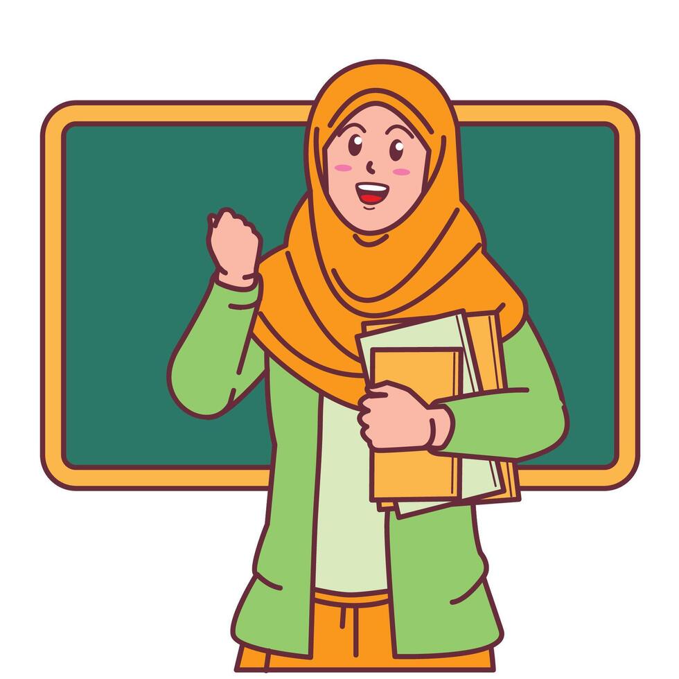 Cartoon of a female teacher in a hijab carrying a book, and a blackboard behind her vector