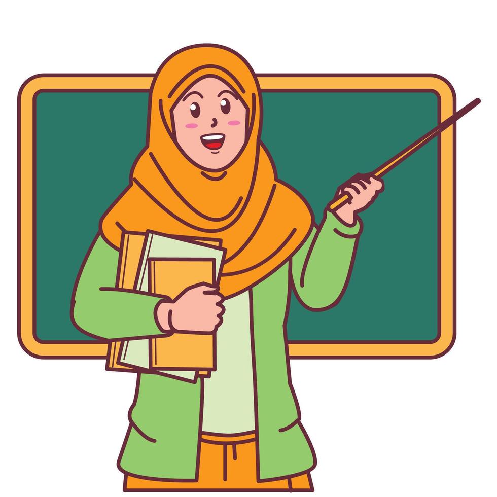 Cartoon of a female teacher in a hijab carrying a book, and a blackboard behind her vector