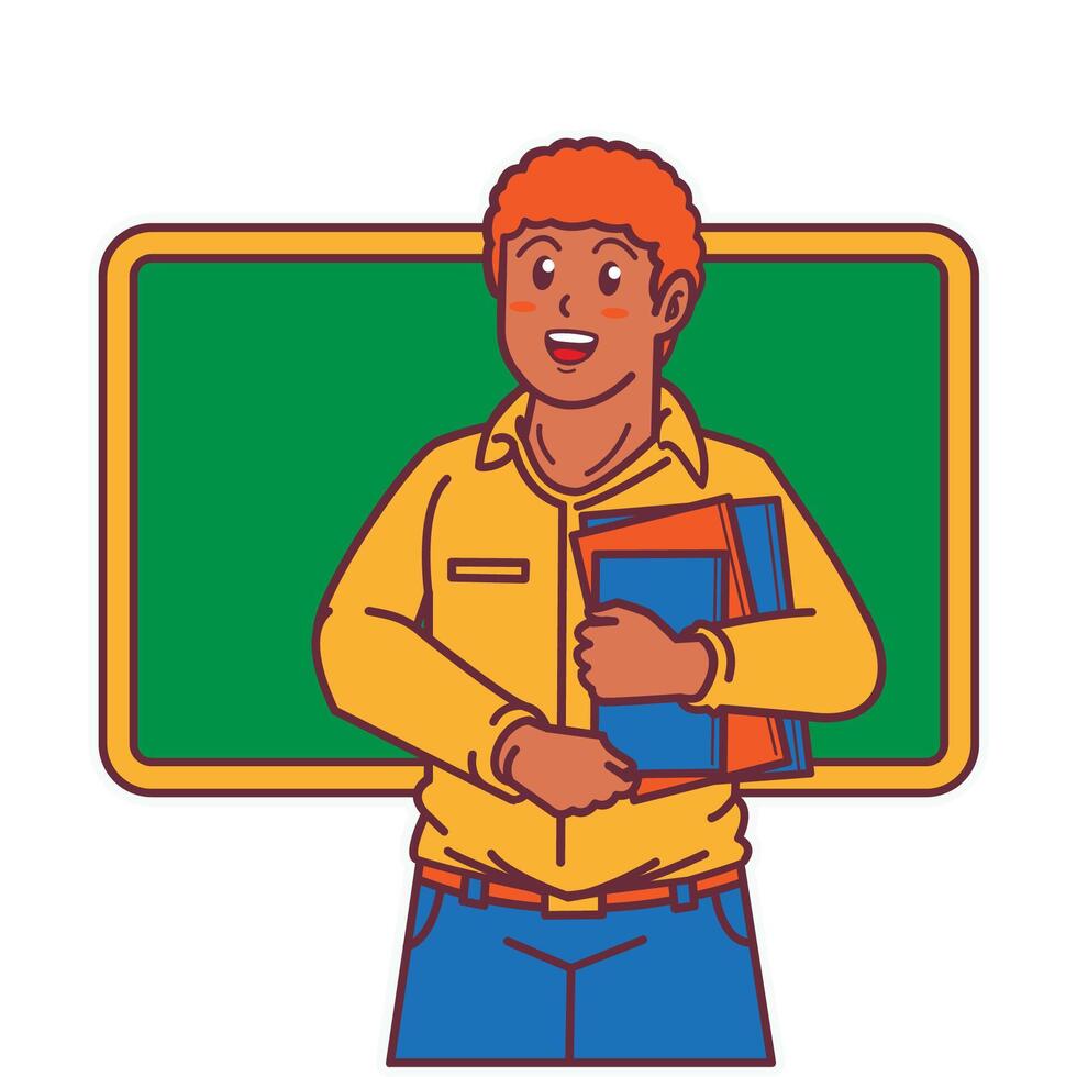 a black teacher was carrying books, and there was a blackboard behind him vector