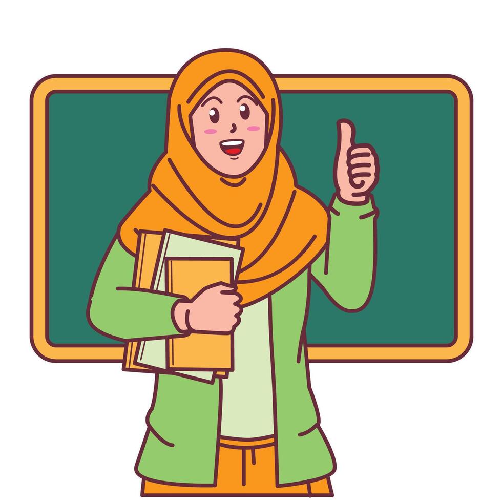 Cartoon of a female teacher in a hijab carrying a book, and a blackboard behind her vector