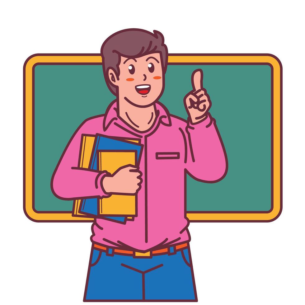 Cartoon male teacher carrying a book, and a blackboard behind him vector