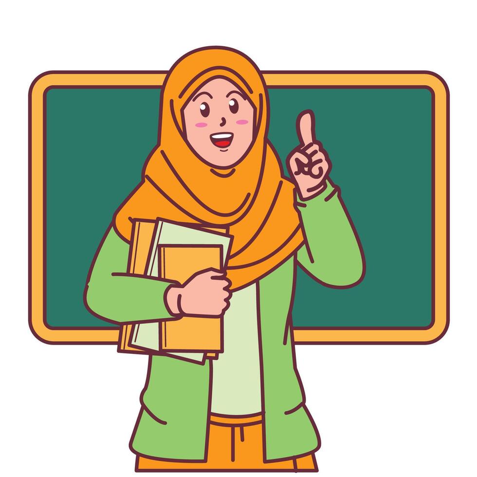 Cartoon of a female teacher in a hijab carrying a book, and a blackboard behind her vector