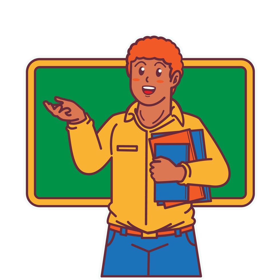 a black teacher was carrying books, and there was a blackboard behind him vector