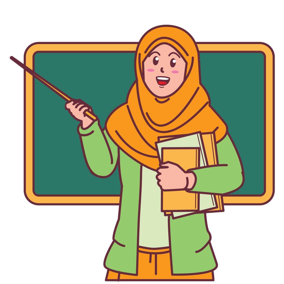 Cartoon of a female teacher in a hijab carrying a book, and a blackboard behind her vector