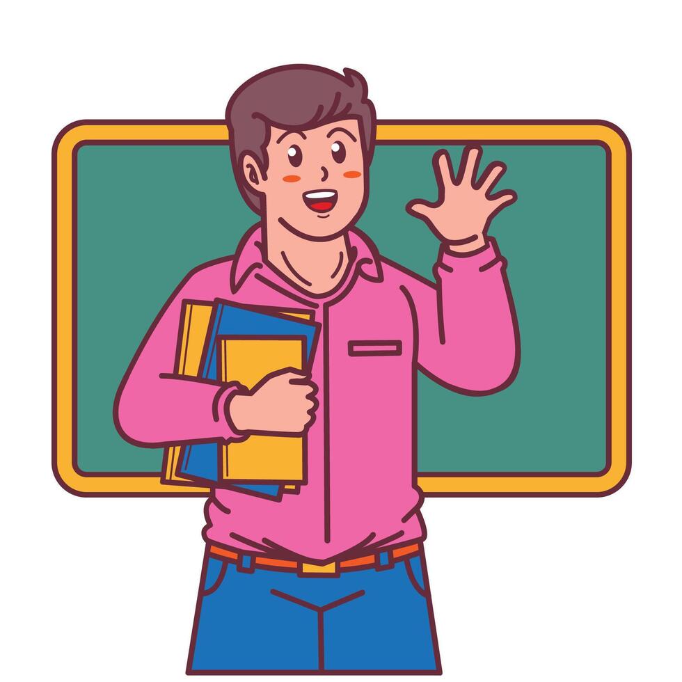 Cartoon male teacher carrying a book, and a blackboard behind him vector