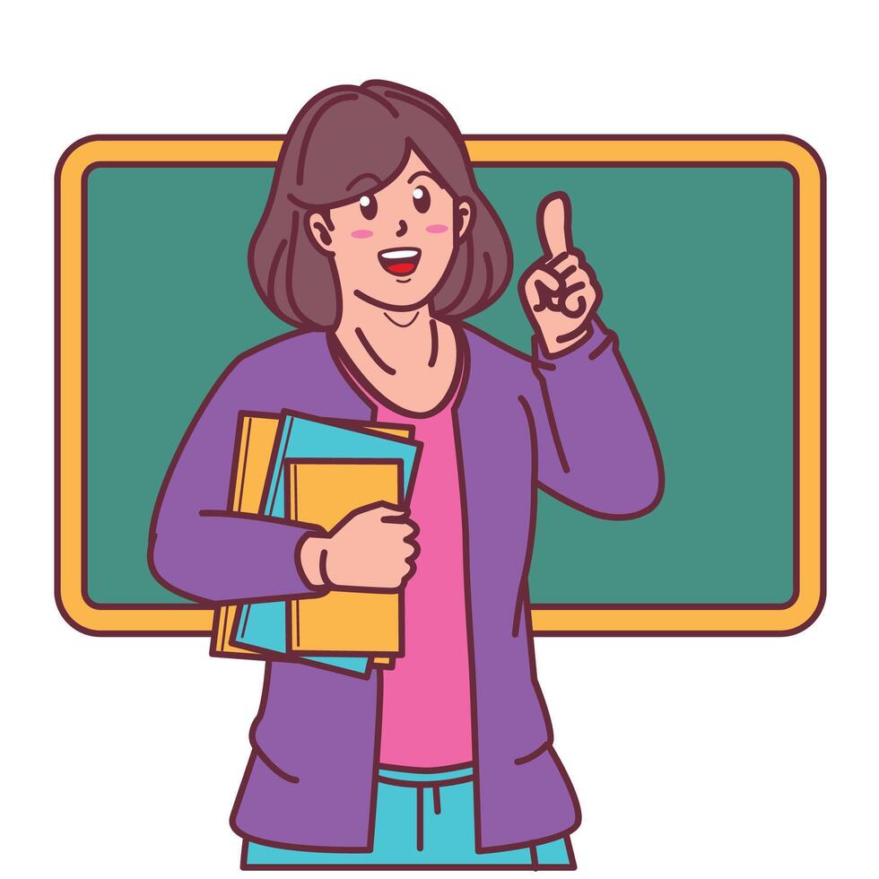 cartoon female teacher carrying books, and blackboard behind vector