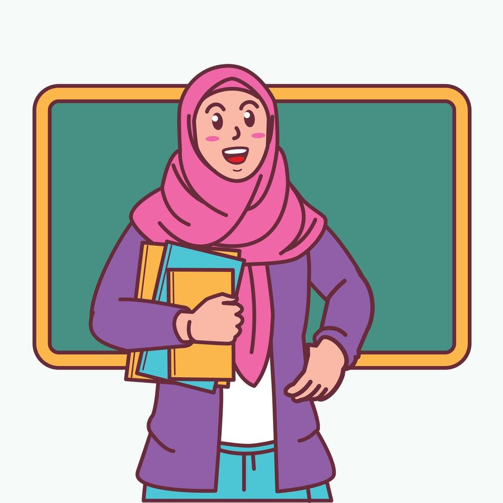 Cartoon of a female teacher in a hijab carrying a book, and a blackboard behind her vector