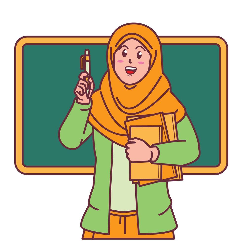 Cartoon of a female teacher in a hijab carrying a book, and a blackboard behind her vector