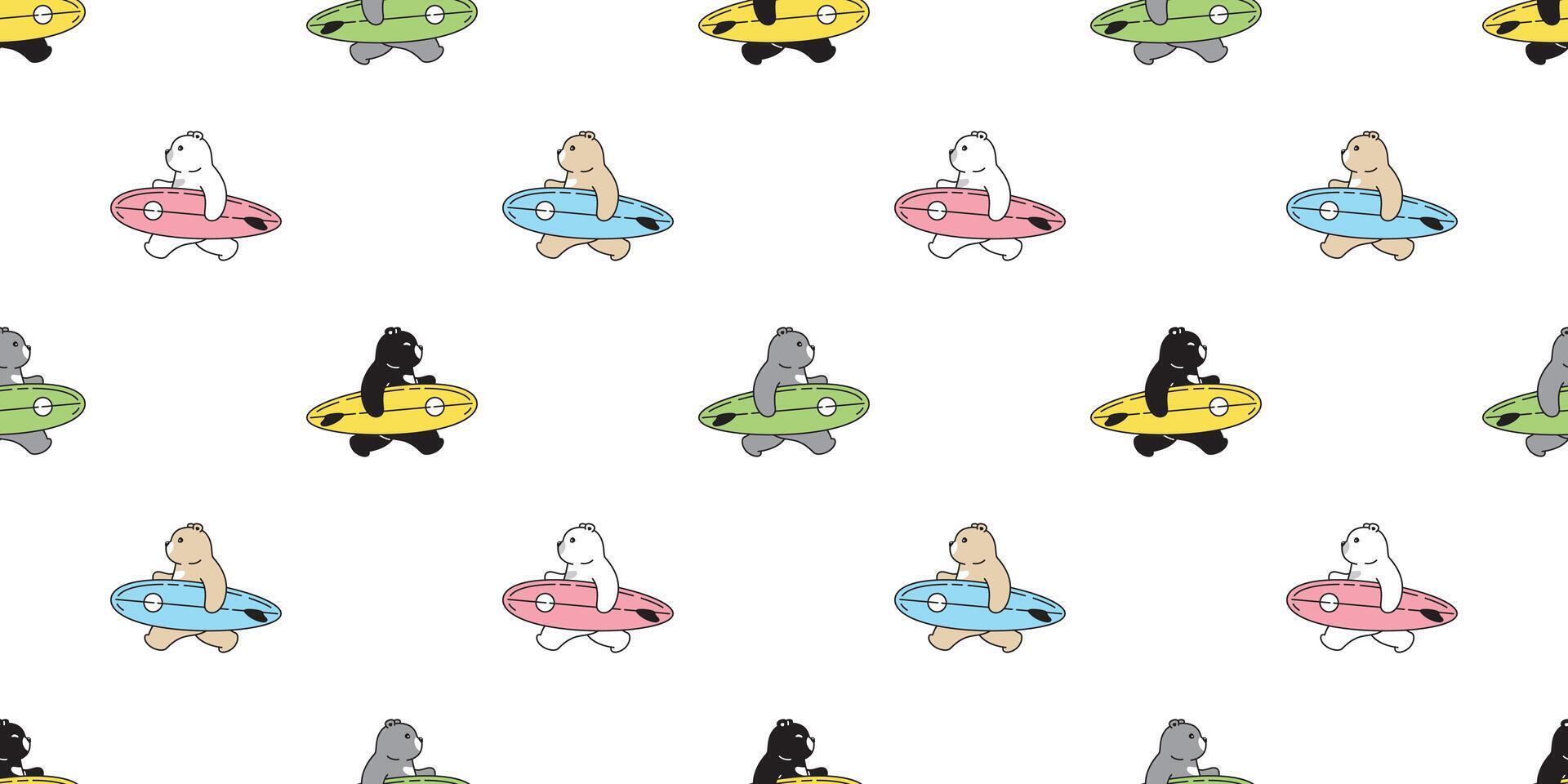 Bear seamless pattern polar surfboard beach swimming teddy cartoon doodle scarf isolated tile background repeat wallpaper illustration design vector