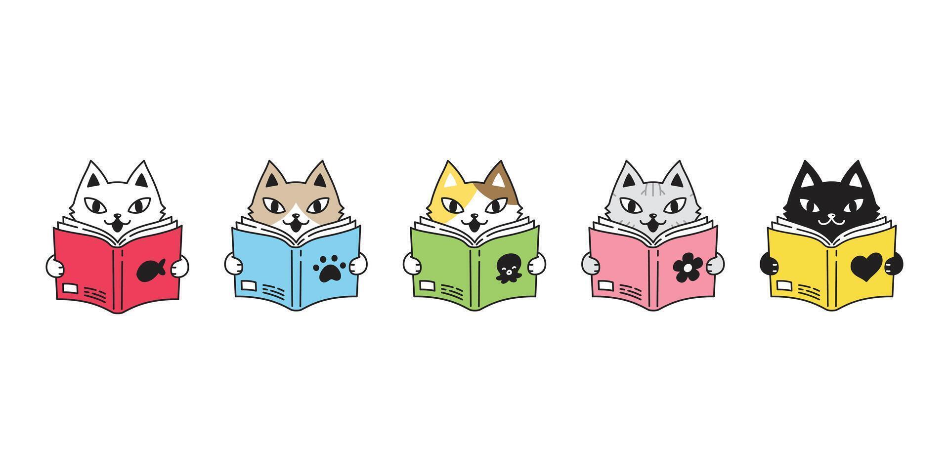 cat kitten icon calico reading book pet breed character cartoon heart octopus star squid fish doodle symbol illustration design vector