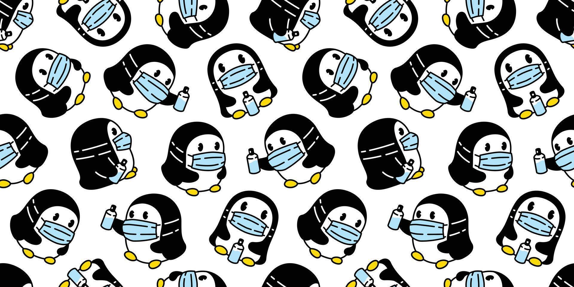 penguin Seamless pattern face mask covid-19 bird alcohol cartoon scarf isolated doodle tile background repeat wallpaper illustration design vector