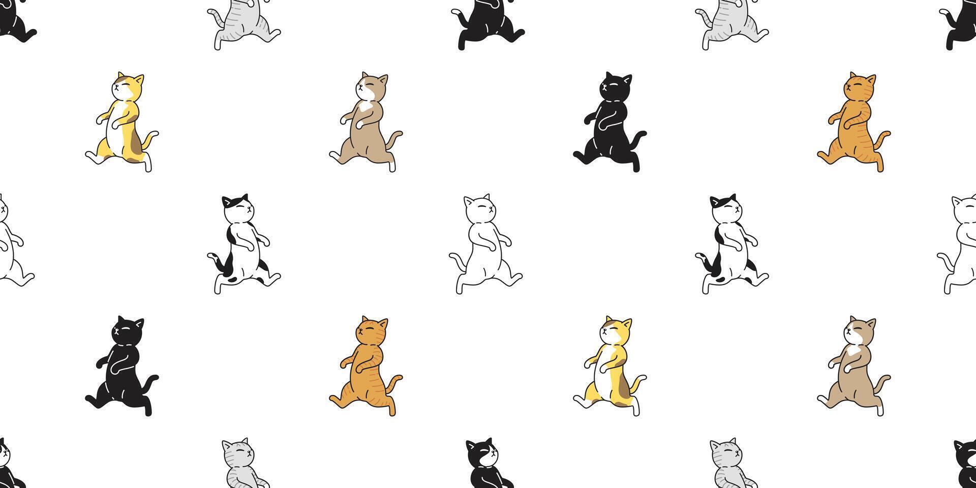 cat seamless pattern kitten calico pet running walking scarf isolated repeat background cartoon animal tile wallpaper illustration doodle design vector
