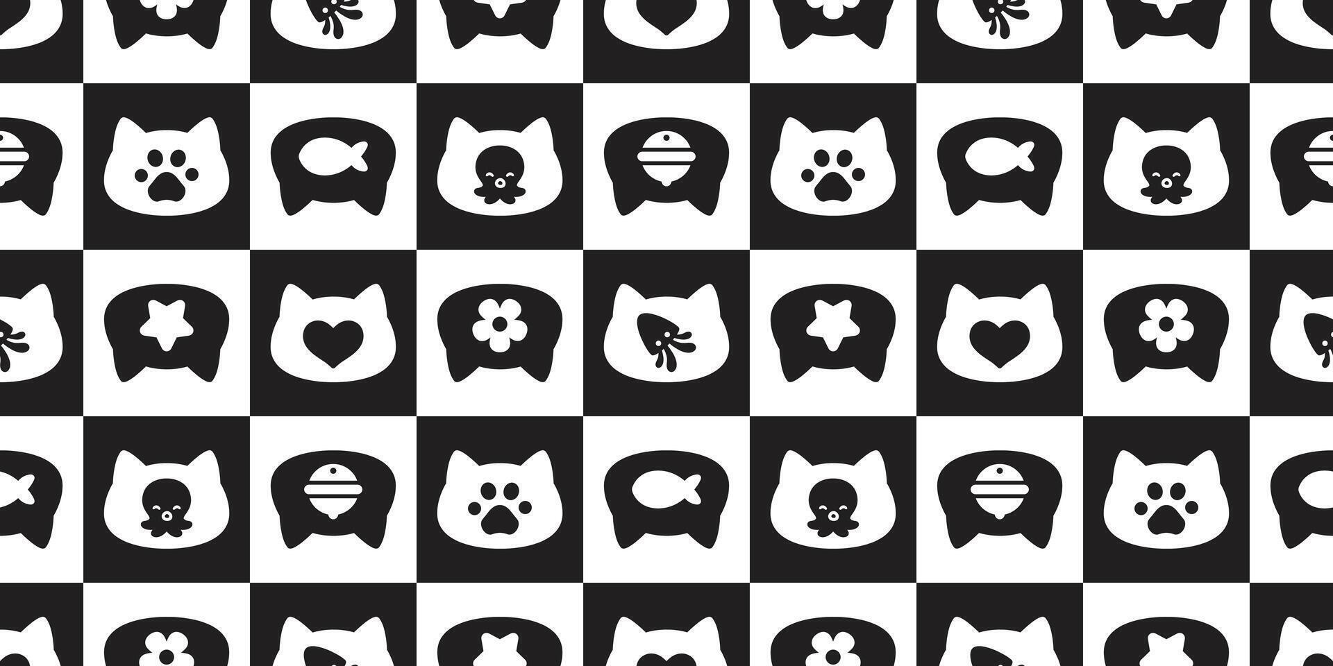 cat seamless pattern kitten checked icon head paw footprint calico toy octopus squid star heart flower bell pet scarf isolated cartoon animal tile wallpaper repeat background illustration doodl vector