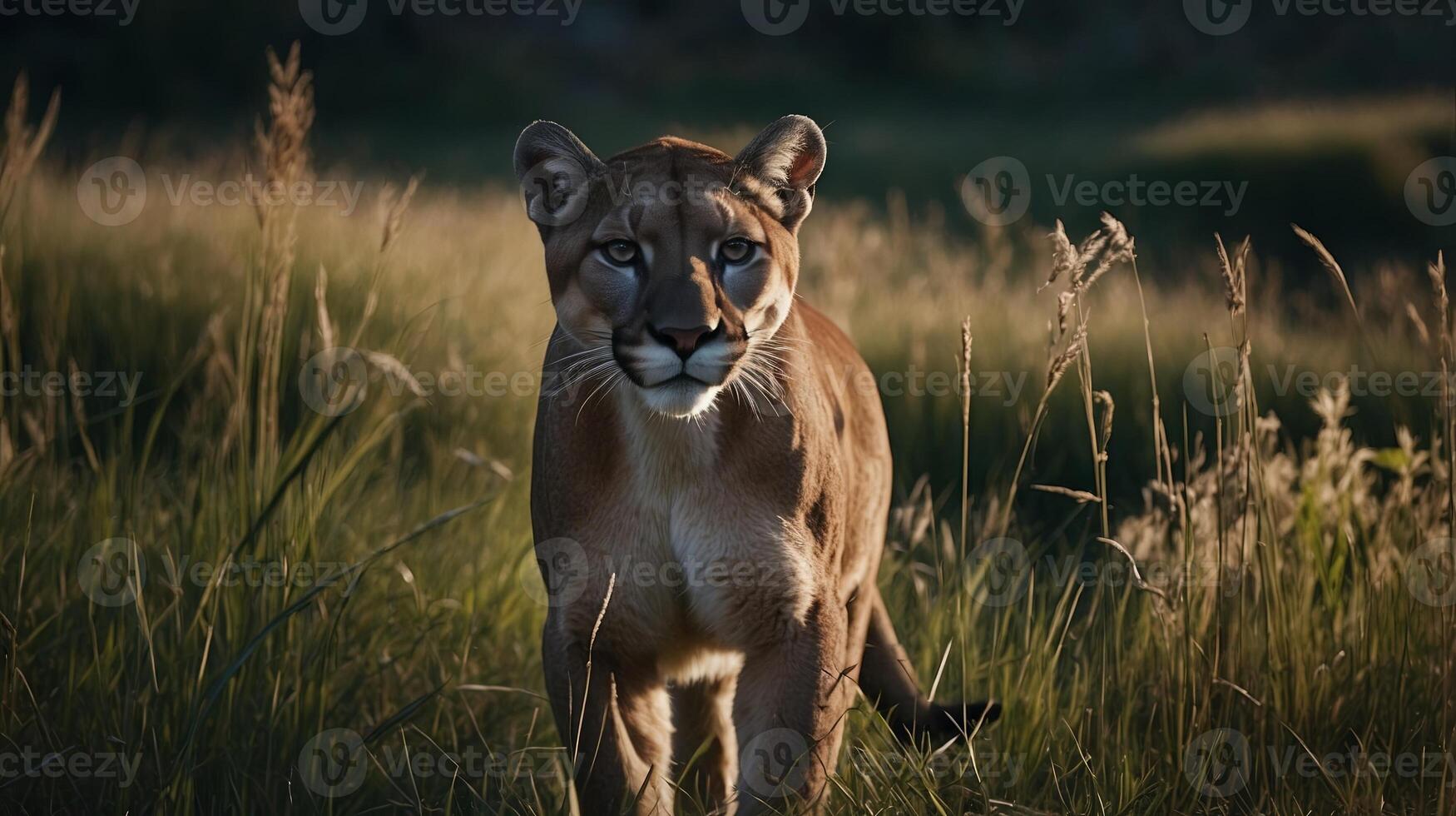 majestic female cougar on the hunt for some prey in high grass, stock photo, background photo