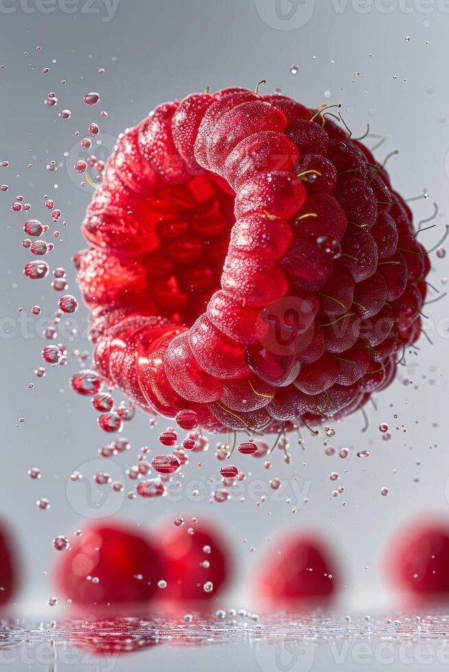 commercial photography style, raspberry fruits, action shot, splashes, photo