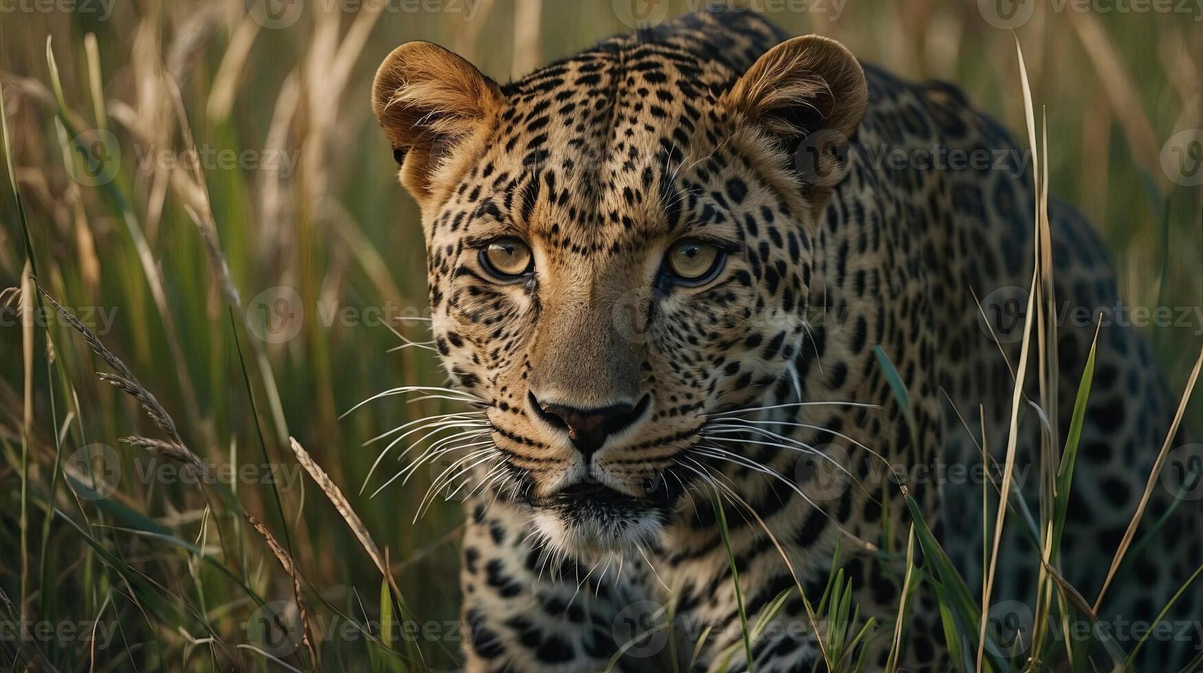 a majestic leopard in high grass, natural habitat, stock photo, background image, wallpaper photo