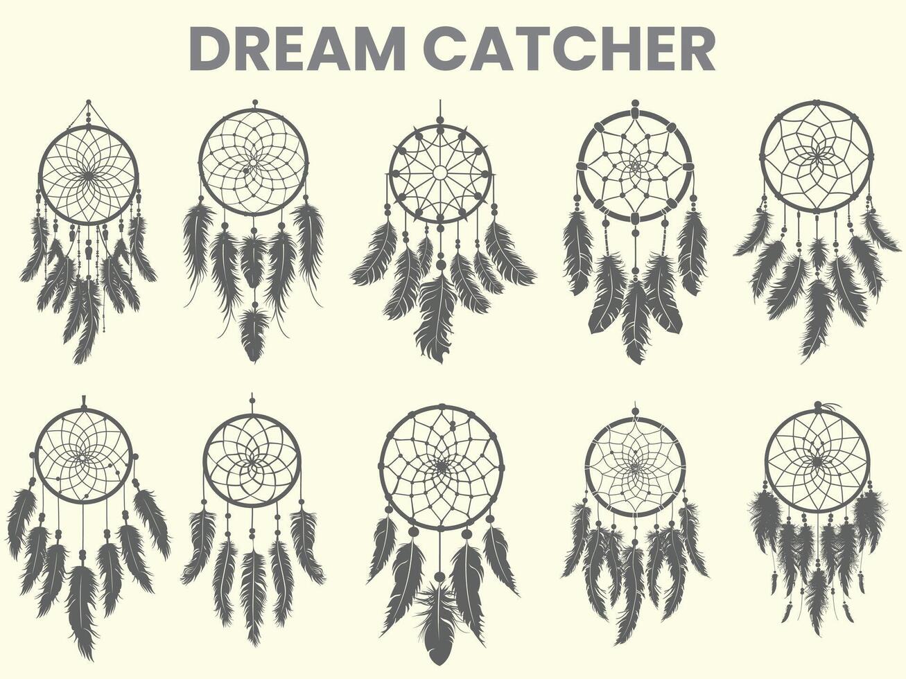 A black silhouette of a dream catcher set, clipart, featuring a moon catcher and feathers. This dream catcher bundle is isolated on a white background. vector