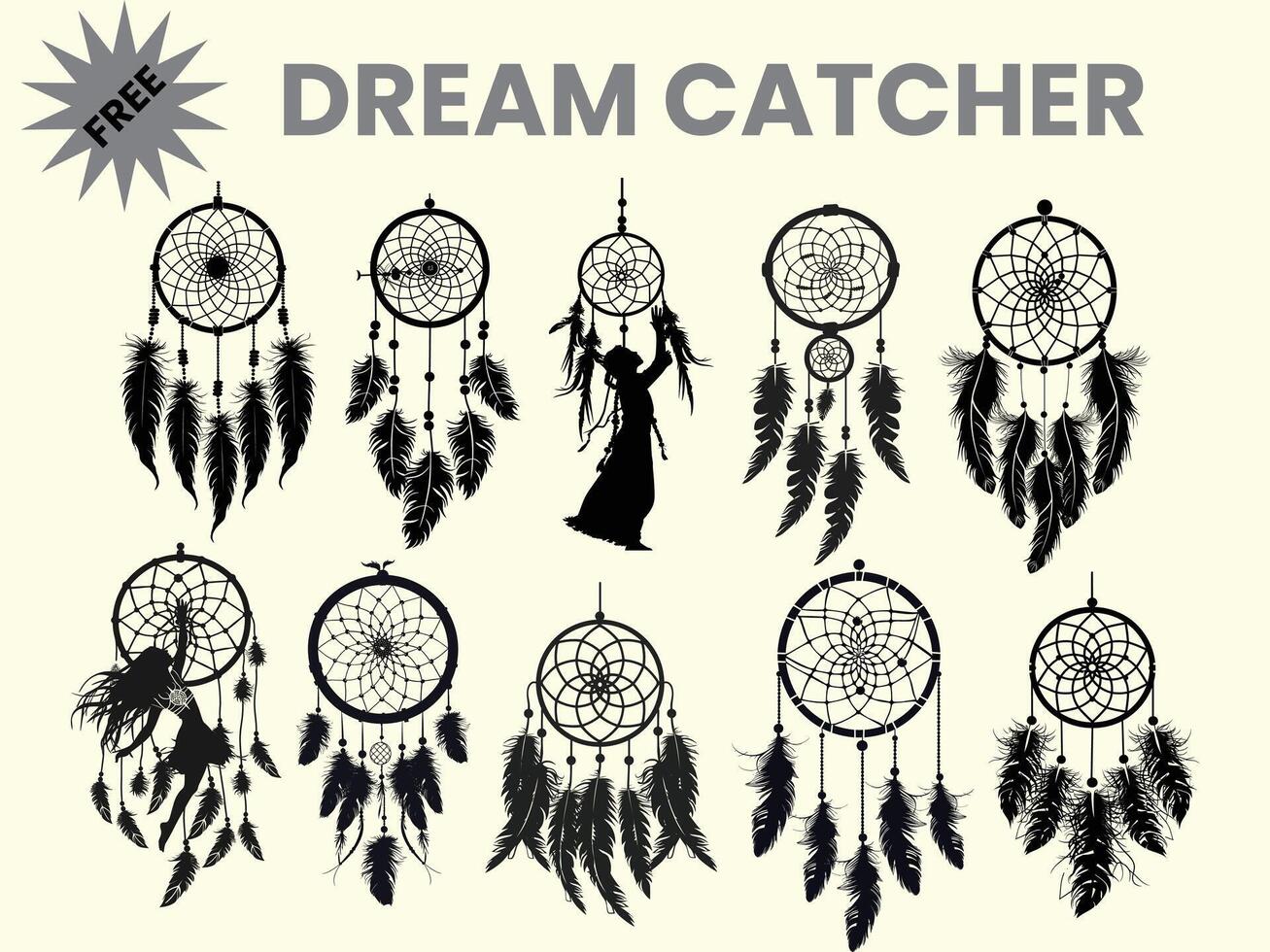 A black silhouette of a dream catcher set, clipart, featuring a moon catcher and feathers. This dream catcher bundle is isolated on a white background. vector